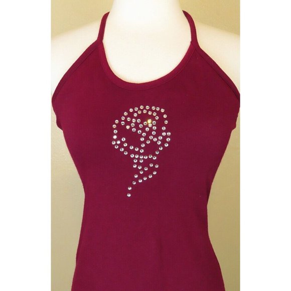 Vintage 70s Maroon Burgundy Red Rhinestone Rose Halter Prom Party Maxi Dress XXS - Picture 5 of 12
